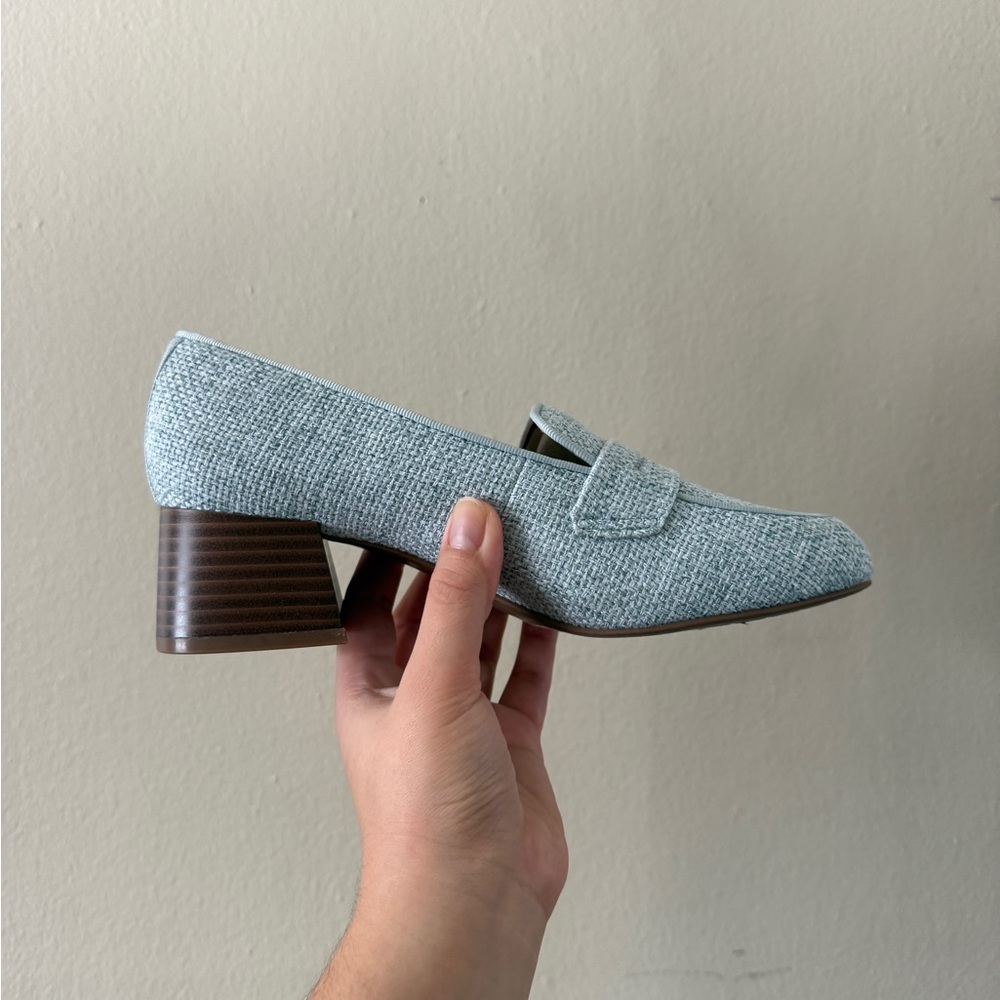 Kelly & Katie Light Blue Woven Tweed Heeled Loafers Square Toe Size 7.5 - Picture 4 of 8
